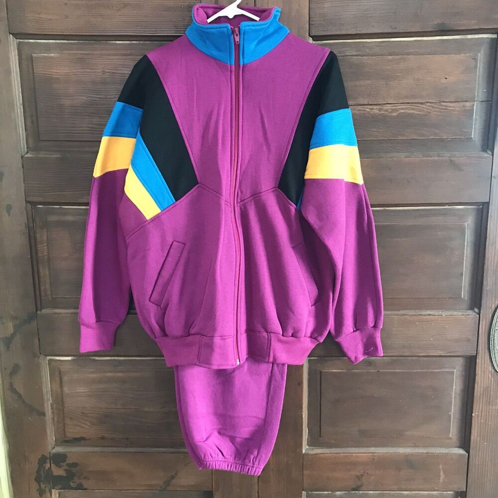 Vintage Track Suit 2 Piece Large Top & Bottom Jacket Pants Purple Blue Yellow